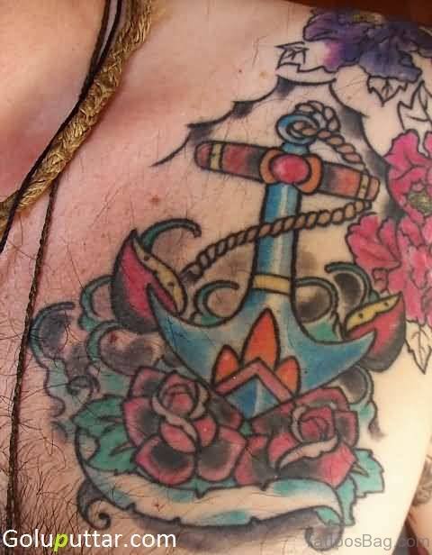 Colourful Anchor Chest Tattoo For Men