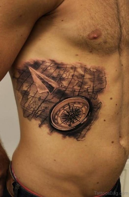 Compass And Map Tattoo On Rib