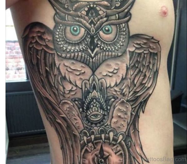 Compass And Owl Tattoo On Rib