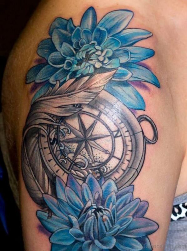 Compass With Dahlia Flowers Tattoo On Right Shoulder