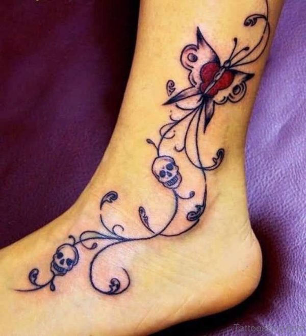 Cool Ankle Cover Up With Skull And Butterfly Tattoo