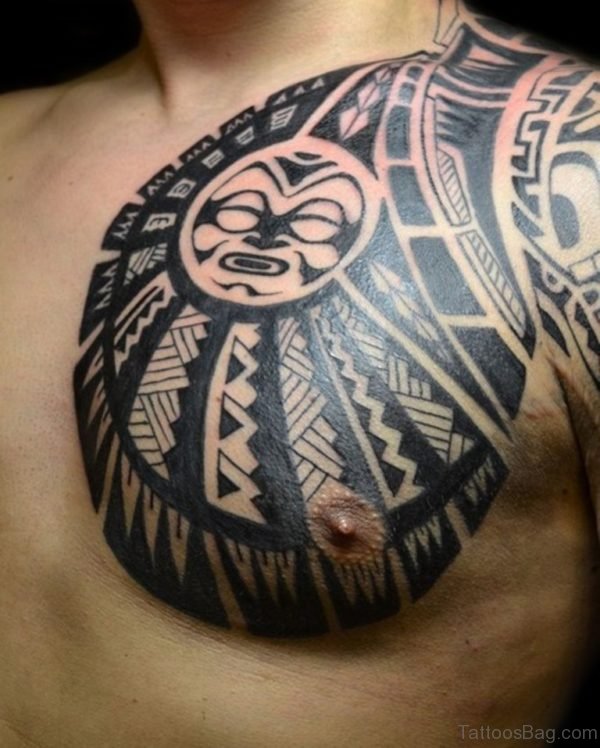 Cool Black Tribal And Polynesian Tattoos On Chest