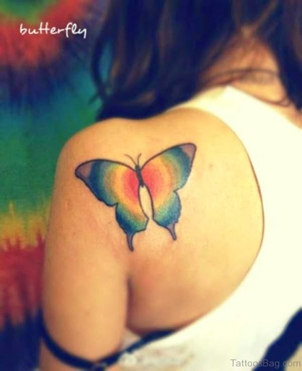 Cool Colorful Butterflt Tattoo On Back Shoulder