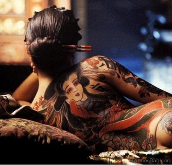 Cool Geisha Tattoo On Back