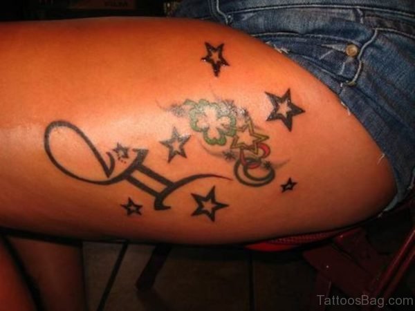 Cool Gemini Tattoo Zodiac With Stars On Thigh
