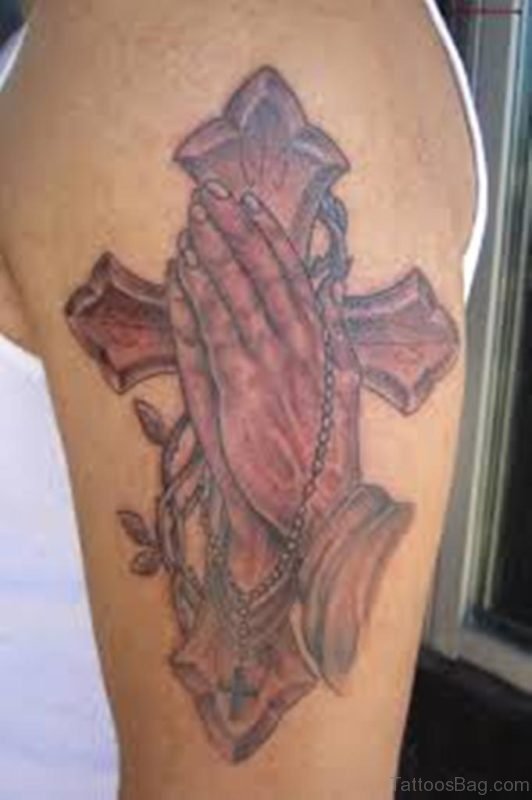 Cool Praying Hands Tattoo On Shoulder