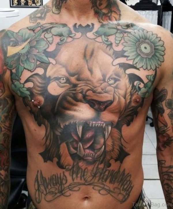 Cool Roaring Lion Tattoo On Chest