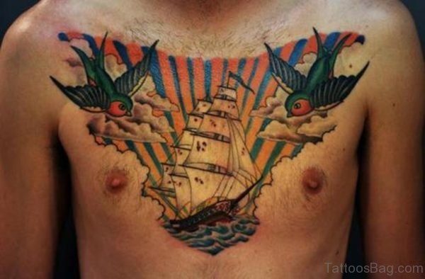 Couple Of Birds And Ship Tattoos On Chest