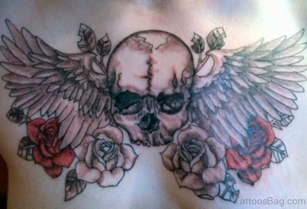Crazy Grey Ink Winged Skull Chest Tattoo
