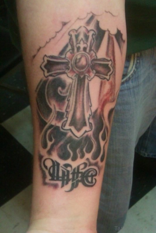 Cross And Flames Tattoos On Lower Arm