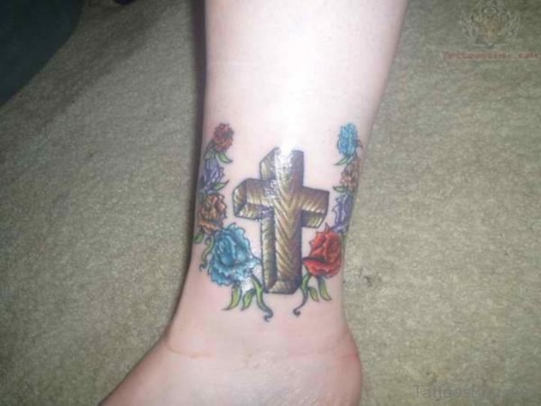 Cross And Flowers Tattoo On Ankle