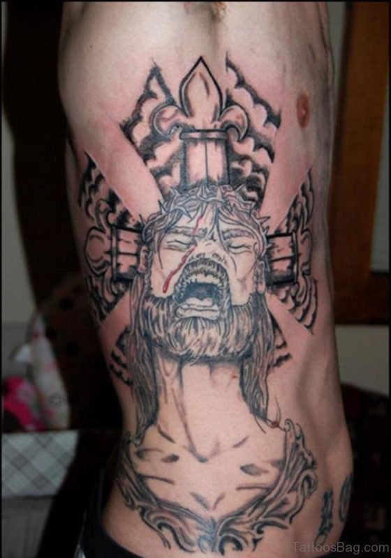 Cross And Jesus Tattoo On Rib Side
