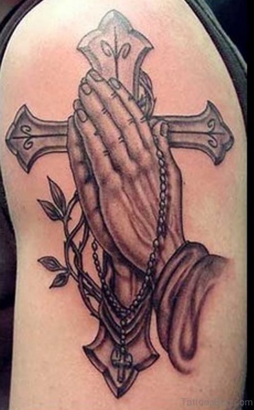 Cross And Praying Hands Christian Tattoo
