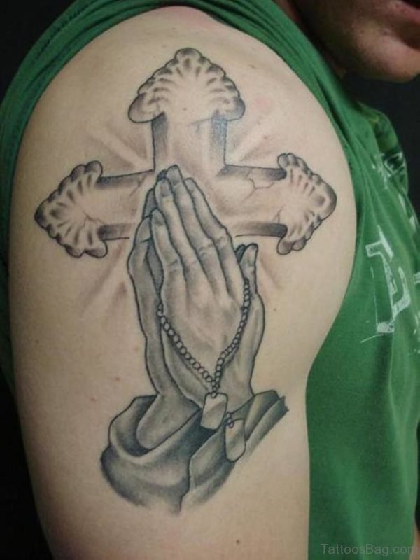 Cross And Praying Hands Tattoo On Shoulder