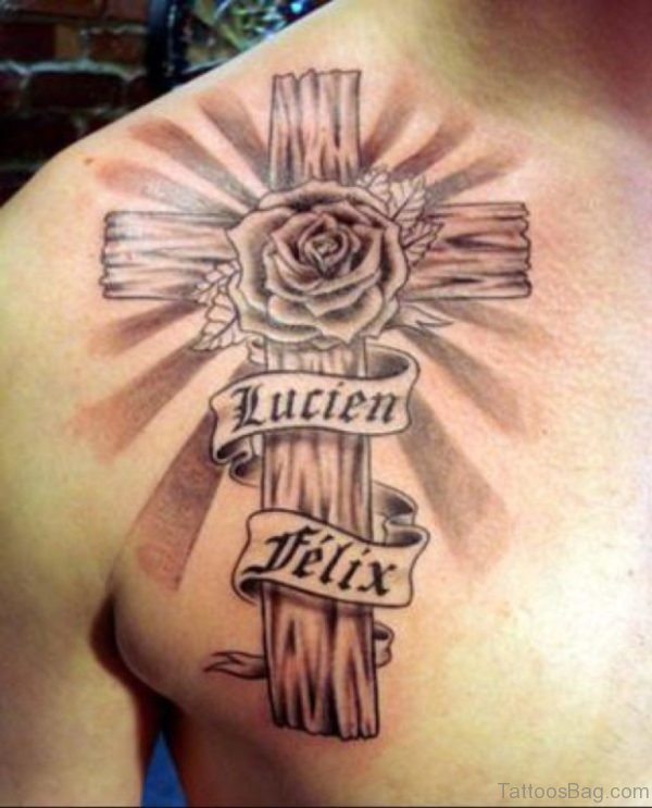 Cross And Rose Tattoo On Back
