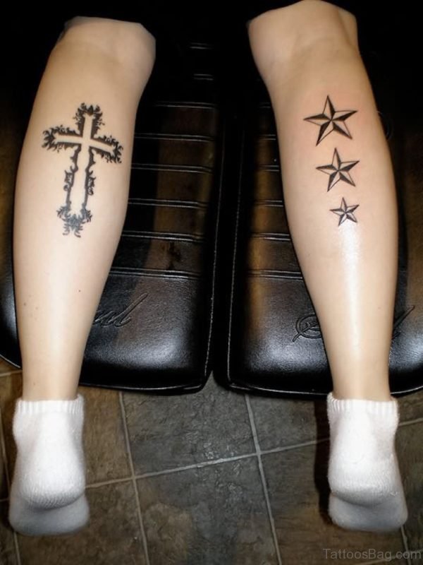 Cross And Star Tattoo On LEg