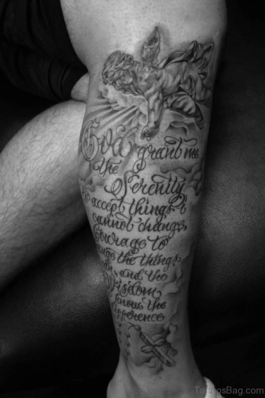 Cross Tattoo With Beautiful Wording On Leg