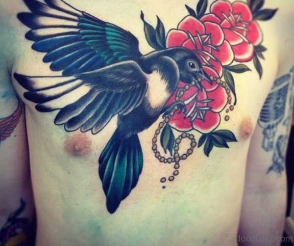 Crow And Red Rose Tattoo For Chest