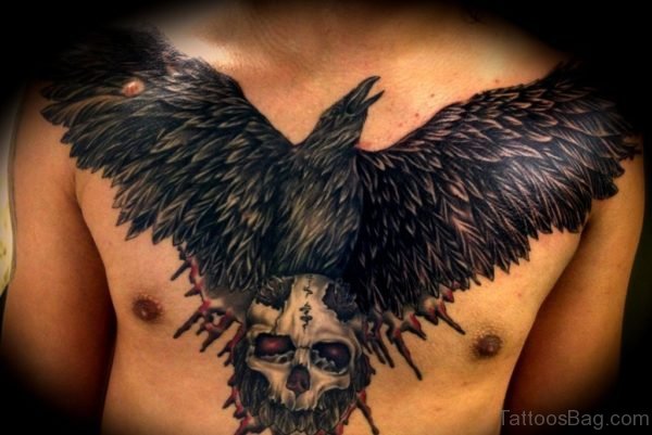 Crow And Skull Tattoo On Chest