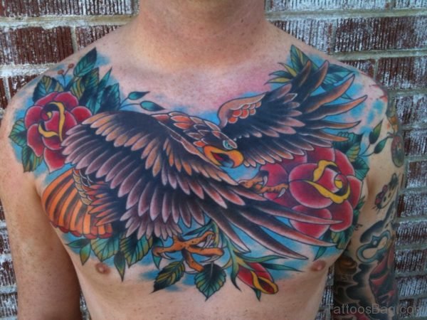 Crow Flower Tattoo On Chest
