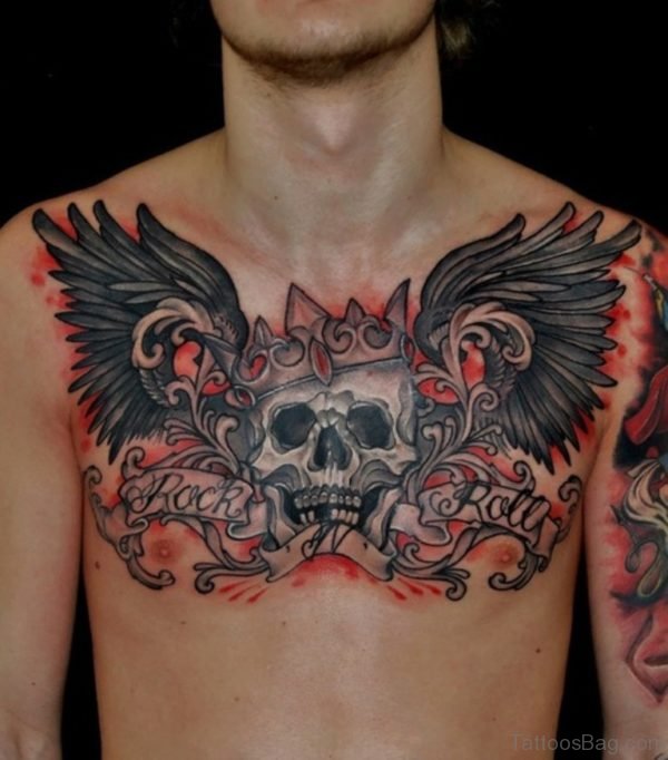 Crown And Skull Tattoo On Chest