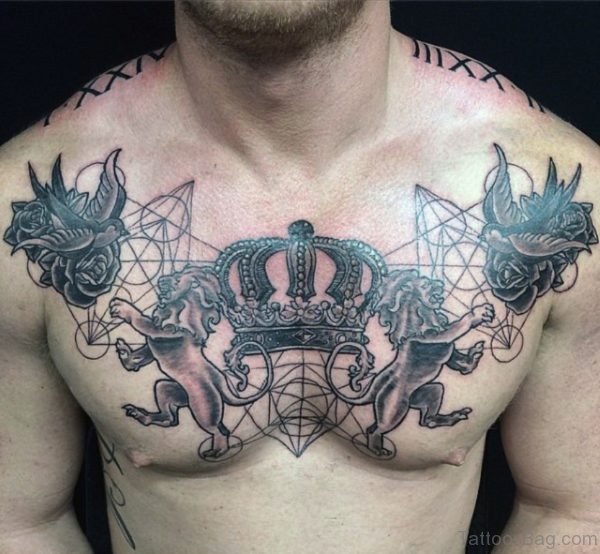 Crown And Swallow Tattoo On Chest