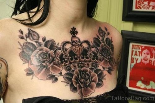 Crownwd Rose Tattoo On Chest
