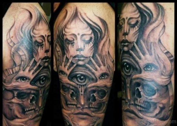 Crying Grey Ink Medusa Tattoo For Shoulder