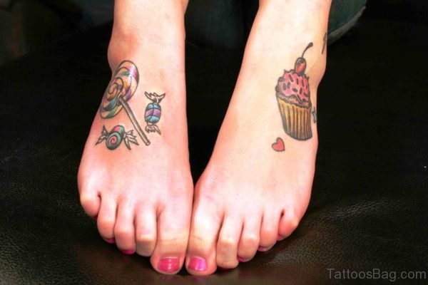 Cupcake Tattoo With Candies On Feet