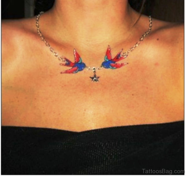 Cute Birds Tattoo On Front Neck