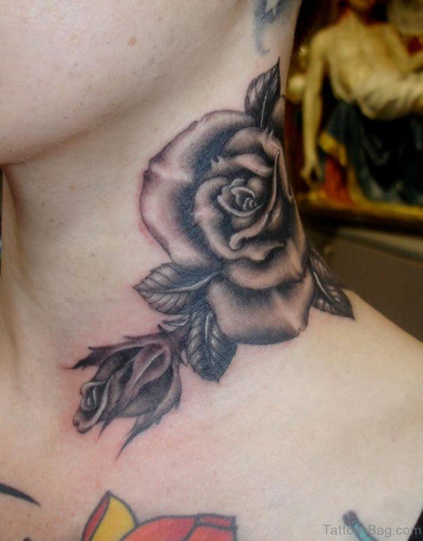 Cute Black And Grey Rose Tattoo On Neck