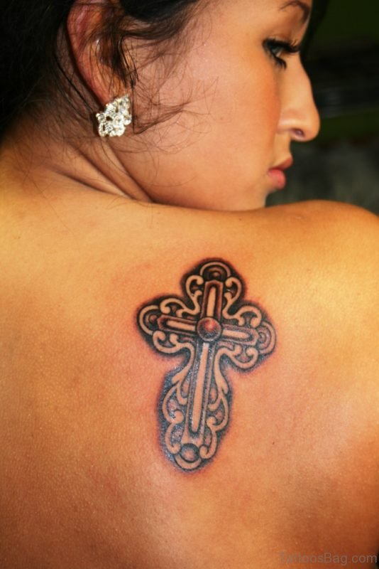 Cute Celtic Cross Tattoo On Back For Girls