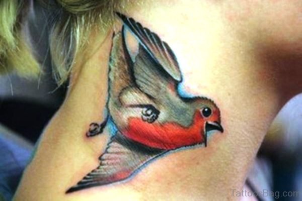 Cute Colored Bird Tattoo On Neck