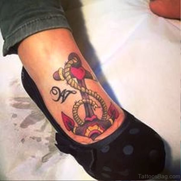 Cute Colorful Anchor Tattoo On Foot 