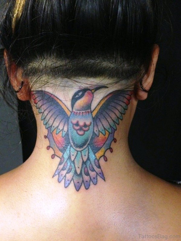 Cute Colorful Bird Tattoo On Neck