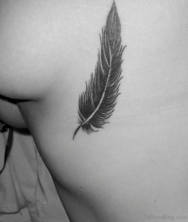 Cute Feather Tattoo On Rib