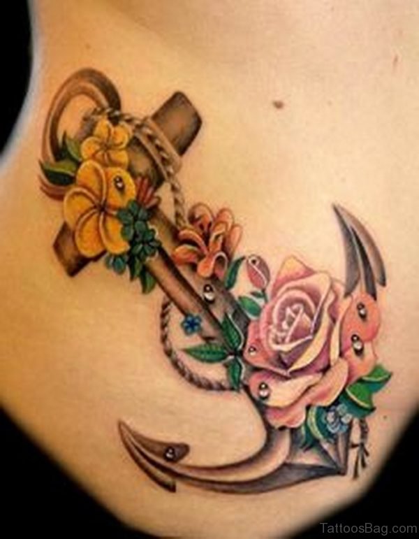 Cute Flowers And Anchor Tattoo