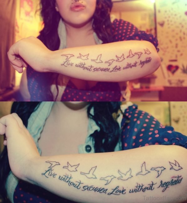 Cute Flying Birds And Wording Tattoos On Arm
