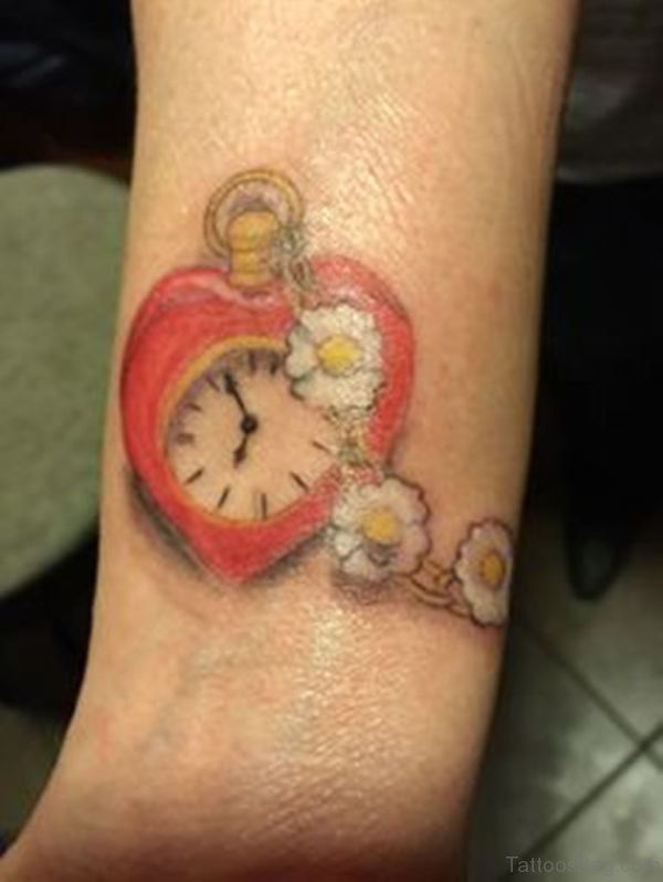 Cute Heart Clock Tattoo On Wrist