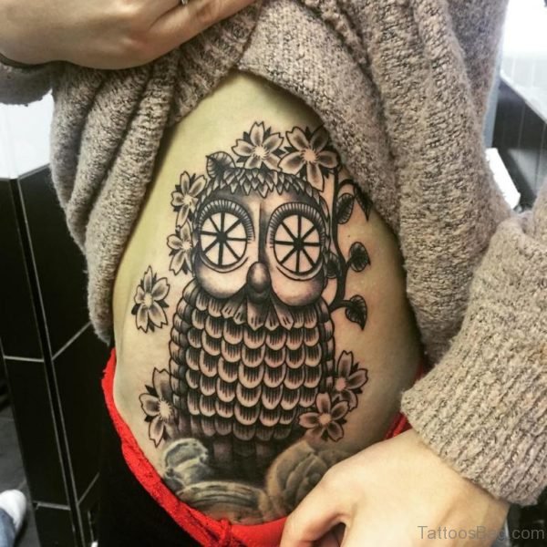 Cute Owl Tattoo Design On Side Rib