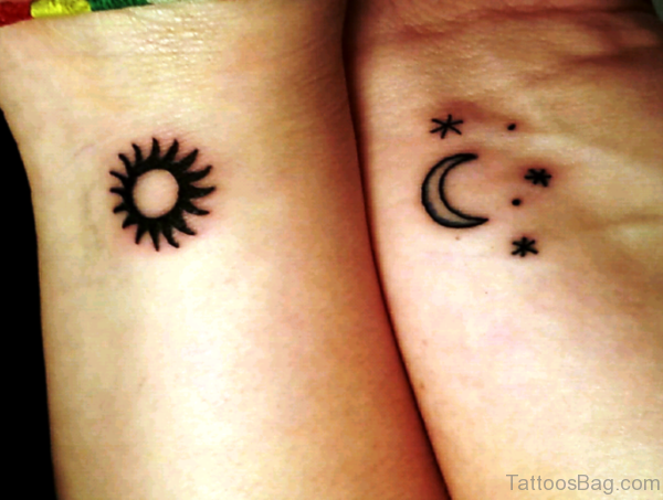 Cute Sun Moon Tattoo On Wrist 