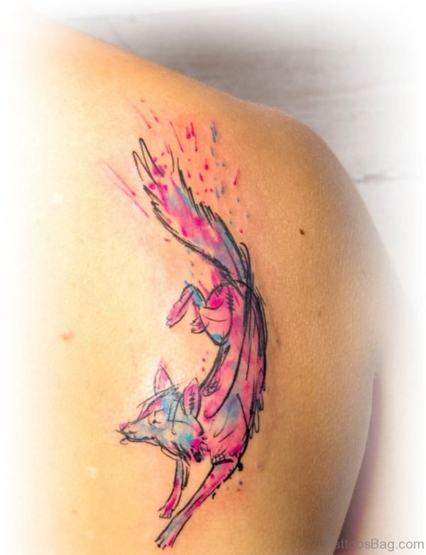 Cute Watercolor Fox Tattoo On Right Back Shoulder