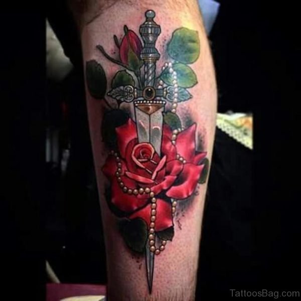 Dagger And Cool Blue Rose Tattoo Designs on Leg 