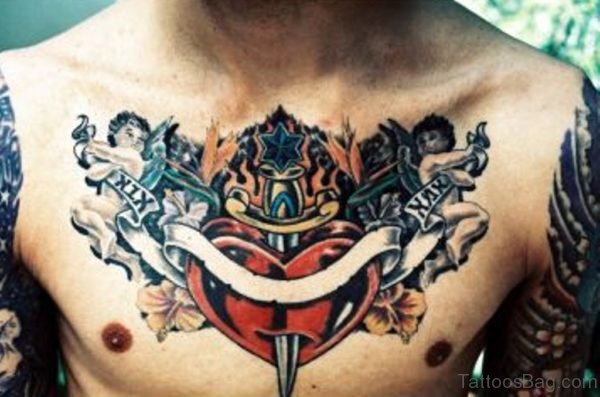 Dagger And Heart Tattoo On Chest