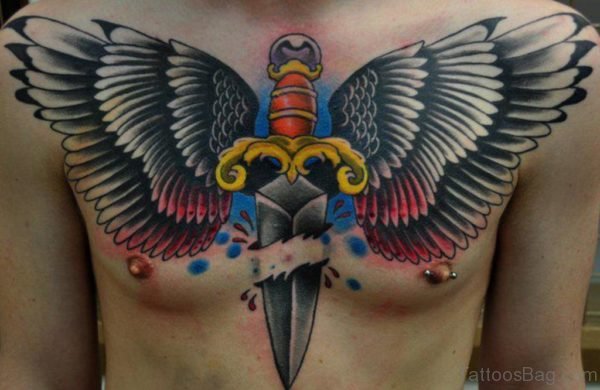 Dagger And Wings Tattoo On Chest