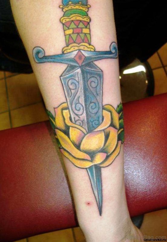 Dagger And Yellow Rose On Arm