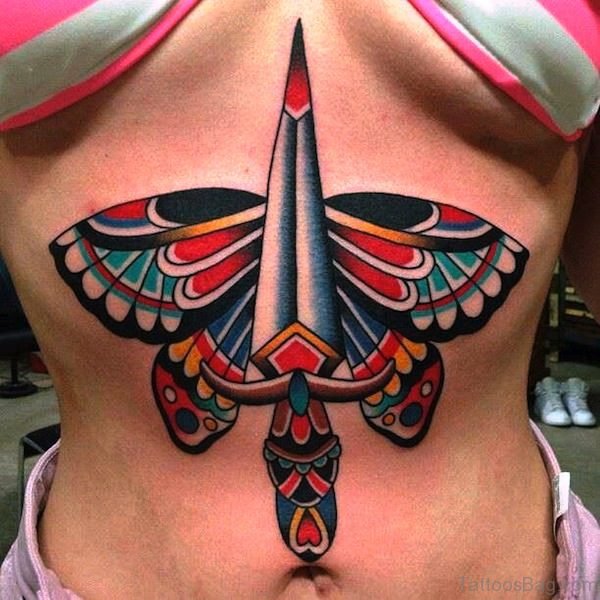 Dagger With Butterfly Tattoo On Stomach