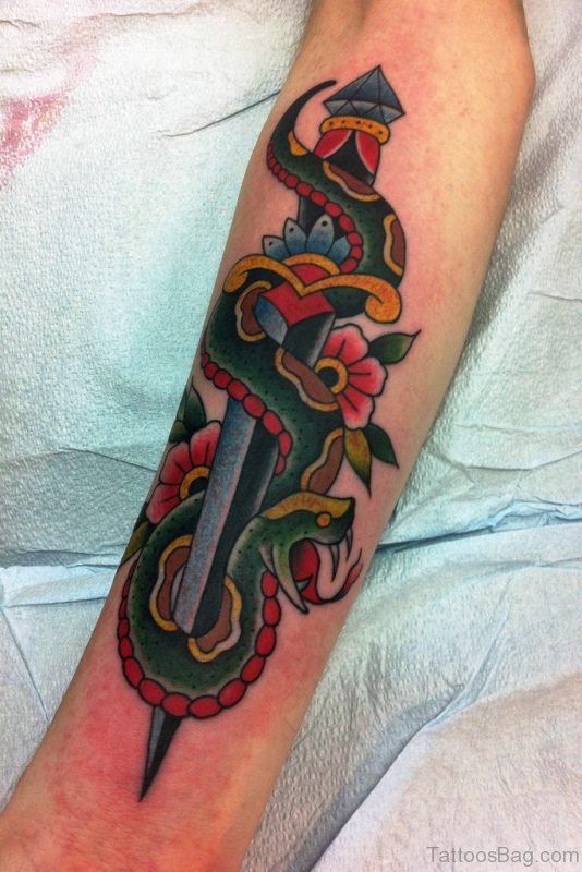 Dagger With Green Snake Tattoo On Arm