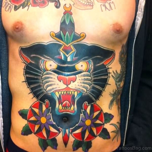 Dagger With Panther Tattoo On Stomach