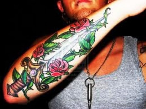 Dagger With Red Roses And Leaves